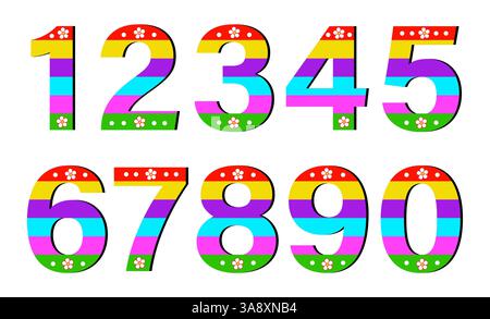 Ein Satz niedlicher Zahlen. Niedliche Kinderzahlen zum Kindergeburtstag. Einrichtung im Kindergarten. Mathematik in der Grundschule. Vektor. Stock Vektor