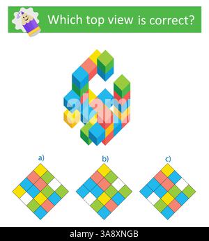 Puzzlespiel. Welche Draufsicht ist korrekt? IQ-Trainingstest. Der visuelle Intellekt. Vektorabbildung. Die Antwort lautet B. Stock Vektor
