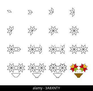 Wie zeichne ich Schritt für Schritt? Arbeitsblatt einfache Anleitung zum Zeichnen von Cartoon-Blumen. Entwickeln von Fähigkeiten für das Zeichnen und Färben von Kindern. Vektorabbildung. Stock Vektor