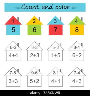 Mathematische Aktivität für Kinder. Entwicklung von Rechenkenntnissen. Zahlenbereich bis 10. Vektorabbildung. Stock Vektor