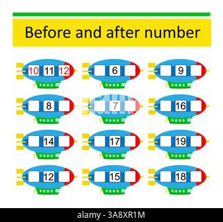 Was davor und danach kommt. Mathematische Arbeitsblätter für Kinder. Zahlenbereich bis 20. Vektorabbildung. Stock Vektor