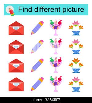 Logikspiel für Kinder. Suchen Sie ein anderes Bild. Vektor-Illustration des Briefumschlags, der Schüssel, des Bleistifts, der Blumen Stock Vektor