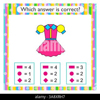 Mathematische Aktivität für Kinder. Finden Sie die richtige Antwort. Cartoon-Kleid. Vektorabbildung. Stock Vektor