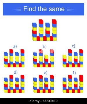 Lernspiel für Kinder. Ich muss das gleiche Quadrat finden. Visuelle Intelligenz. Vektorabbildung. Stock Vektor