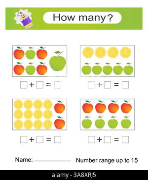 Mathe-Spiel für Kinder. Aktivität des Arbeitsblatts im Vorschulalter. Druckbares Arbeitsblatt. Stock Vektor