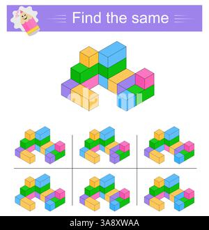 Puzzlespiel für Kinder. Aufgabe zur Entwicklung von Aufmerksamkeit und Logik. Es muss dieselbe Gruppe von Cubes gefunden werden. Vektorabbildung. Stock Vektor