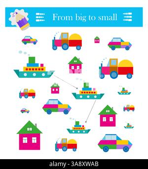 Von groß bis klein. Puzzlespiel für Kinder. Aufmerksamkeitsaufgaben für Kinder. Stock Vektor