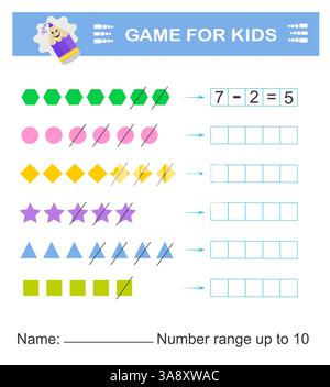 Mathe-Spiel für Kinder. Aktivität des Arbeitsblatts im Vorschulalter. Druckbares Arbeitsblatt. Zahlenbereich bis 10. Vektorabbildung. Stock Vektor