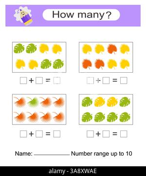 Mathe-Spiel für Kinder. Aktivität des Arbeitsblatts im Vorschulalter. Druckbares Arbeitsblatt. Stock Vektor