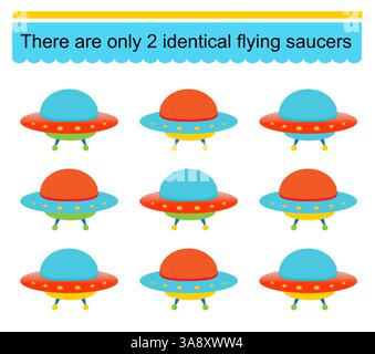 Lustiges Puzzlespiel für Kinder. Ich muss zwei identische fliegende Untertassen finden. Aufgabe zur Entwicklung von Aufmerksamkeit und Logik. Vektorabbildung. Stock Vektor