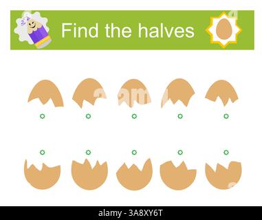 Logikpuzzle. Finde die Hälften Eier. Lehrmaterial für Kinder. Vektorabbildung. Stock Vektor