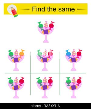 Puzzlespiel für Kinder. Aufgabe zur Entwicklung von Aufmerksamkeit und Logik. Ich muss genau die gleiche Schüssel finden. Vektorabbildung. Stock Vektor