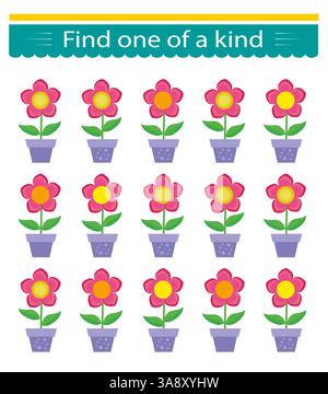 Lernspiel für Kinder. Ich muss einen Blumentopf finden. Visuelle Intelligenz. Vektorabbildung. Stock Vektor