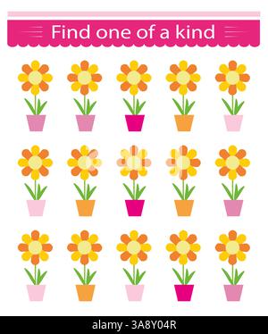 Lernspiel für Kinder. Ich muss einen Blumentopf finden. Visuelle Intelligenz. Vektorabbildung. Stock Vektor