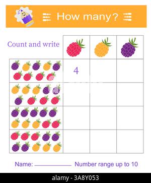 Mathe-Spiel für Kinder. Wie viele? Entwicklung von Rechenkenntnissen. Vektorabbildung. Stock Vektor