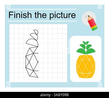 Lernspiel für Kinder. Beende das Bild – Cartoon Ananas. Ausmalseite. Vektorabbildung. Stock Vektor