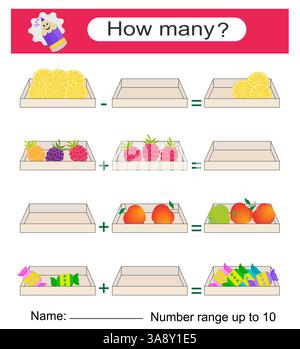 Mathe-Spiel für Kinder. Aktivität des Arbeitsblatts im Vorschulalter. Druckbares Arbeitsblatt. Stock Vektor