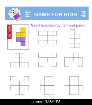 Logisches Puzzlespiel. Aufmerksamkeitsaufgaben für Kinder. Man muss durch die Hälfte teilen und lackieren. Stock Vektor
