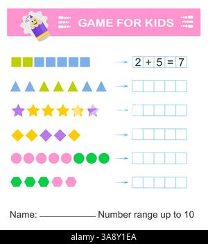 Mathe-Spiel für Kinder. Aktivität des Arbeitsblatts im Vorschulalter. Druckbares Arbeitsblatt. Zahlenbereich bis 10. Vektorabbildung. Stock Vektor