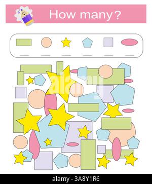 Mathe-Spiel für Kinder. Aktivität des Arbeitsblatts im Vorschulalter. Druckbares Arbeitsblatt. Stock Vektor