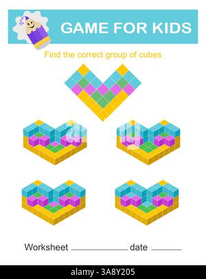 Suchen Sie die richtige Gruppe von Cubes. Logisches Spiel. Aufmerksamkeitsaufgaben für Kinder. Druckbares Arbeitsblatt. Stock Vektor
