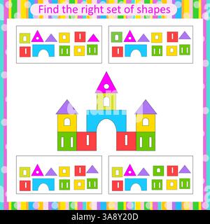 Logisches Lernspiel für Kinder. Finden Sie den richtigen Satz geometrischer Formen. Aktivität des Arbeitsblatts im Vorschulalter. Stock Vektor