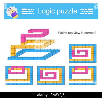 Logikpuzzle. Welche Draufsicht ist korrekt? IQ-Trainingstest. Druckbares Arbeitsblatt. Vektorabbildung. Stock Vektor