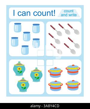 Mathematische Aktivität für Kinder. Ich kann zählen. Entwicklung von Rechenkenntnissen. Vektorabbildung. Stock Vektor