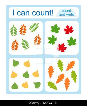 Mathematische Aktivität für Kinder. Ich kann zählen. Entwicklung von Rechenkenntnissen. Vektorabbildung. Stock Vektor