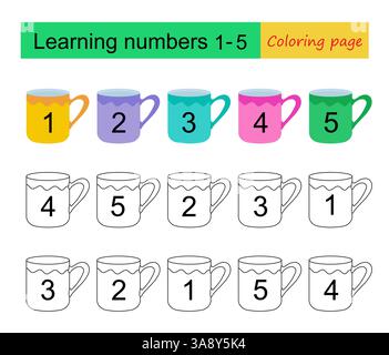 Lernen der Nummern 1-5. Ausmalseite. Lehrmaterial für Kinder. Aktivität des Arbeitsblatts im Vorschulalter. Vektorabbildung. Stock Vektor