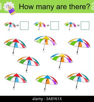 Mathematische Aktivität für Kinder. Entwicklung von Rechenkenntnissen. Vektorillustration des Regenschirms. Stock Vektor