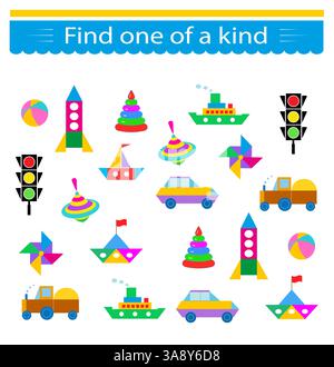 Lernspiel für Kinder. Sie müssen ein Objekt wie ein Objekt finden. Visuelle Intelligenz. Vektorabbildung. Stock Vektor