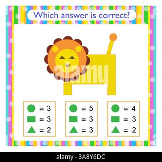 Mathematische Aktivität für Kinder. Finden Sie die richtige Antwort. Cartoon Löwe. Aktivität des Arbeitsblatts im Vorschulalter. Stock Vektor