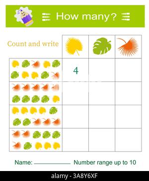 Mathe-Spiel für Kinder. Wie viele? Entwicklung von Rechenkenntnissen. Vektorabbildung. Stock Vektor