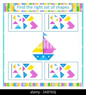 Logisches Lernspiel für Kinder. Finden Sie den richtigen Satz geometrischer Formen. Aktivität des Arbeitsblatts im Vorschulalter. Stock Vektor