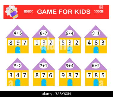 Mathe-Spiel für Kinder. Kreise die richtige Antwort ein. Aktivität des Arbeitsblatts im Vorschulalter. Zahlenbereich bis 10. Druckbares Arbeitsblatt. Vektorabbildung. Stock Vektor