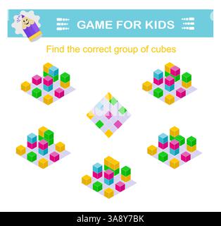 Suchen Sie die richtige Gruppe von Cubes. Logisches Spiel. Aufmerksamkeitsaufgaben für Kinder. Druckbares Arbeitsblatt. Stock Vektor