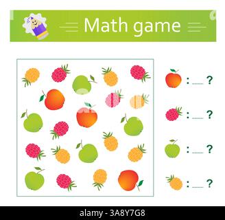 Mathe-Spiel für Kinder im Vorschul- und Schulalter. Lehrmaterial für Kinder. Arbeitsblatt. Vektorabbildung. Stock Vektor