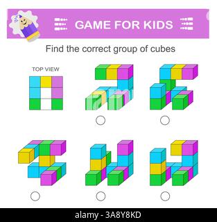 Suchen Sie die richtige Gruppe von Cubes. Logikspiel. Aufmerksamkeitsaufgaben für Kinder. IQ-Trainingstest. Stock Vektor
