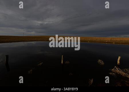 März 2017 - Nebraska, USA - Ein Teich am Highway 20 im Norden. Nebraska steht seit langem im Mittelpunkt des Kampfes um die Wasserrechte des Landes, da es auf dem Ogallala-Grundwasserleiter liegt. Nebraska, der erste Staat, der nach dem Bürgerkrieg der Nation beitrat, ist ein Ort der Cowboys und Dichter, Büffel und Wiesen. Es ist ein Gobelin aus Land, das dafür genutzt wird, reichlich zu sein. Ein Ort, der die Welt ernährt. Mutter Natur bringt euch euren Spaß im Maishüttenstaat. Riesige Temperaturschwankungen, große Unterschiede in der Topographie, ein Wind, der unnachgiebig ist. Sie machte es wieder wett mit schönen Szenen, mehr Mile Stockfoto