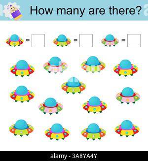 Mathematische Aktivität für Kinder. Entwicklung von Rechenkenntnissen. Cartoon Fliegende Untertasse. Vektorabbildung. Stock Vektor