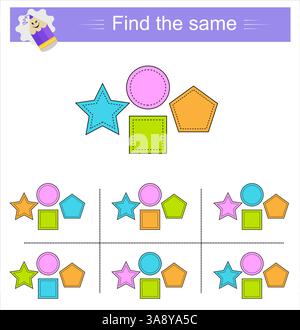 Puzzlespiel für Kinder. Aufgabe zur Entwicklung von Aufmerksamkeit und Logik. Es muss dieselbe Gruppe von geometrischen Formen gefunden werden. Vektorabbildung. Stock Vektor