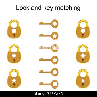 Lernspiel für Kinder. Sperre und Schlüssel stimmen überein. Aufgabe zur Entwicklung von Aufmerksamkeit und Logik. Vektorabbildung. Stock Vektor