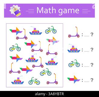 Mathe-Spiel für Kinder im Vorschul- und Schulalter. Lehrmaterial für Kinder. Arbeitsblatt. Vektorabbildung. Stock Vektor