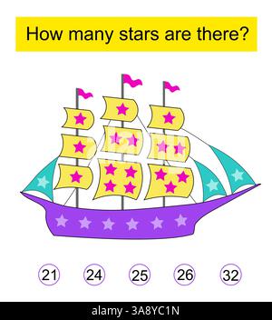 Wie viele Sterne gibt es? Mathe-Spiel für Kinder. Aufgabe zur Entwicklung von Aufmerksamkeit und Logik. Vektor. Stock Vektor