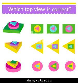 Logikspiel für Kinder. Welche Draufsicht ist korrekt? IQ-Trainingstest. Druckbares Arbeitsblatt. Stock Vektor
