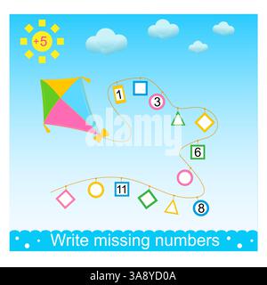 Mathematische Aktivität für Kinder. Schreiben Sie fehlende Zahlen. Entwicklung von Rechenkenntnissen. Vektorabbildung. Stock Vektor