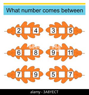 Welche Zahl liegt zwischen? Mathematische Arbeitsblätter für Kinder. Vektorabbildung. Stock Vektor