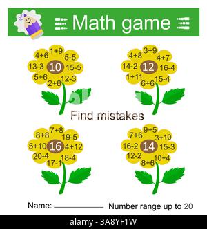 Mathe-Spiel für Kinder. Druckbares Arbeitsblatt. Zahlenbereich bis 20. Vektorabbildung. Stock Vektor
