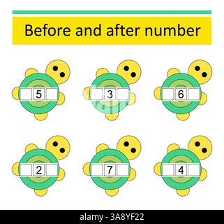 Was davor und danach kommt. Mathematische Arbeitsblätter für Kinder. Zahlenbereich bis 10. Vektor-Illustration der Zeichentrickschildkröte. Stock Vektor